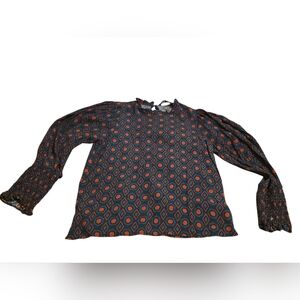 Zara Woman Geometric Print Statement Sleeve Blouse Keyhole Back Blue & Red Sz S